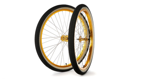 S&M 26" Covid Cruiser Wheelset Gold W/Gold Hubs & Skin Wall